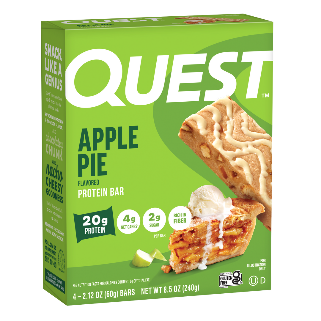 Quest Apple Pie protein bar packaging on a white background