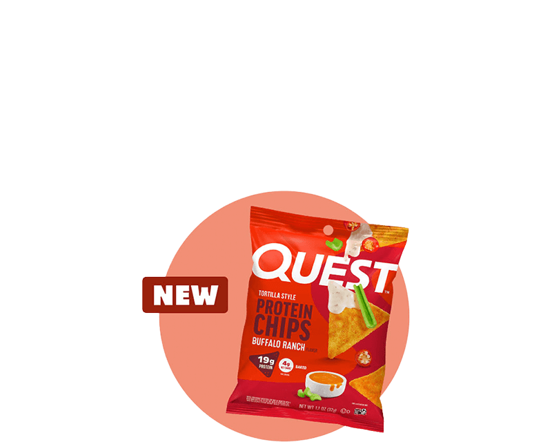 Packaging of Quest Buffalo Ranch Tortilla Style Protein Chips with "NEW" label. Bright red bag featuring chips and ranch dip on front, emphasizing 19g protein.