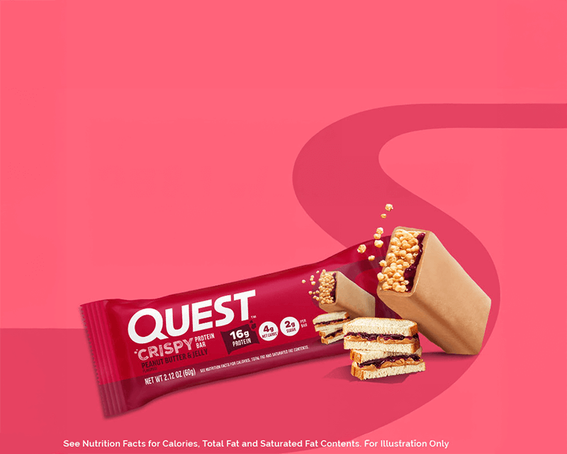 A Quest Crispy Peanut Butter & Jelly protein bar against a vibrant pink background. The image highlights the bar's texture and PB&J flavor.