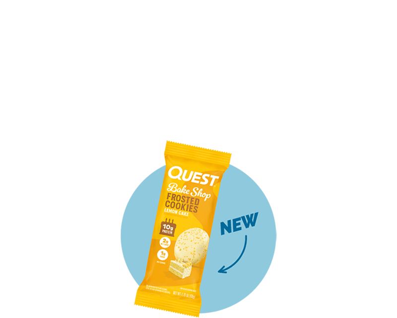 Orange packet of Quest Bake Shop Frosted Cookies, Lemon Cake flavor, on black background. Blue circle with "NEW" text and arrow pointing to the packet.