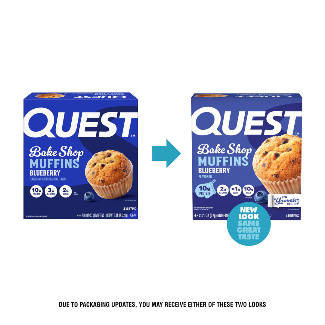 Two boxes of Quest Bake Shop Muffins Blueberry shown side by side on a white background, with a teal arrow pointing from the older box to the newer box and a teal circular badge reading 'NEW LOOK SAME GREAT TASTE.' Text below explains that due to packaging updates, customers may receive either look.