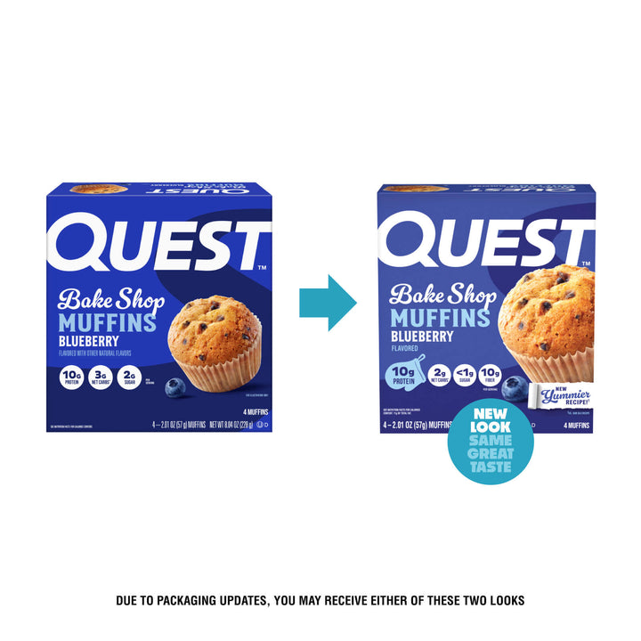 Two boxes of Quest Bake Shop Muffins Blueberry shown side by side on a white background, with a teal arrow pointing from the older box to the newer box and a teal circular badge reading 'NEW LOOK SAME GREAT TASTE.' Text below explains that due to packaging updates, customers may receive either look.