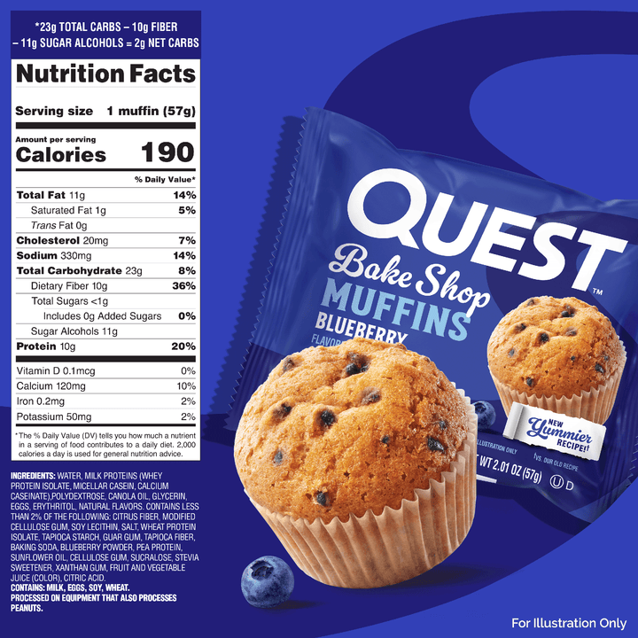 A package of Quest Bake Shop Blueberry Muffins shown against a blue background, with the front of the bag visible alongside a large muffin and a separate nutrition facts panel. The package branding reads Quest and The Gourmet Company.