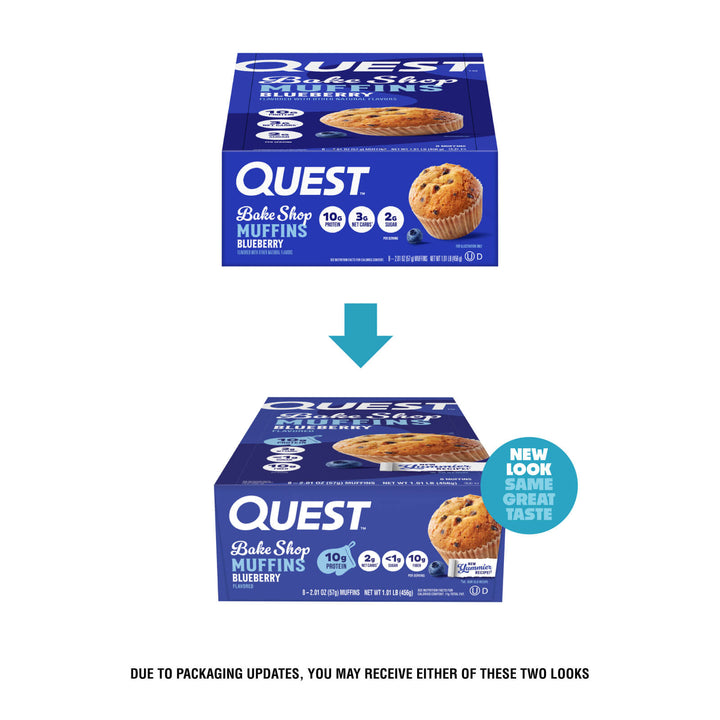 Two blue Quest Bake Shop Muffins boxes shown on a white background, with a teal arrow pointing from the top box to the bottom box. The bottom box includes a teal circular badge reading 'NEW LOOK SAME GREAT TASTE.