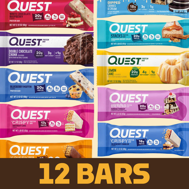 Assortment of 12 Quest protein bars in assorted flavors, including White Chocolate Raspberry, Double Chocolate Chunk, Blueberry Muffin, Birthday Cake, Cookies & Cream, Cinnamon Brown Sugar, Lemon Cake, Sundae Funday, and Blueberry Cobbler.