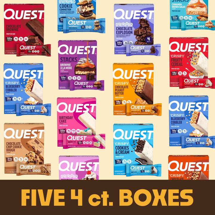 Assorted Quest protein bars in a variety of flavors, including Chocolate Brownie, Birthday Cake, Cookies & Cream and Chocolate Chip Cookie Dough, with Five 4 ct. Boxes promotion.
