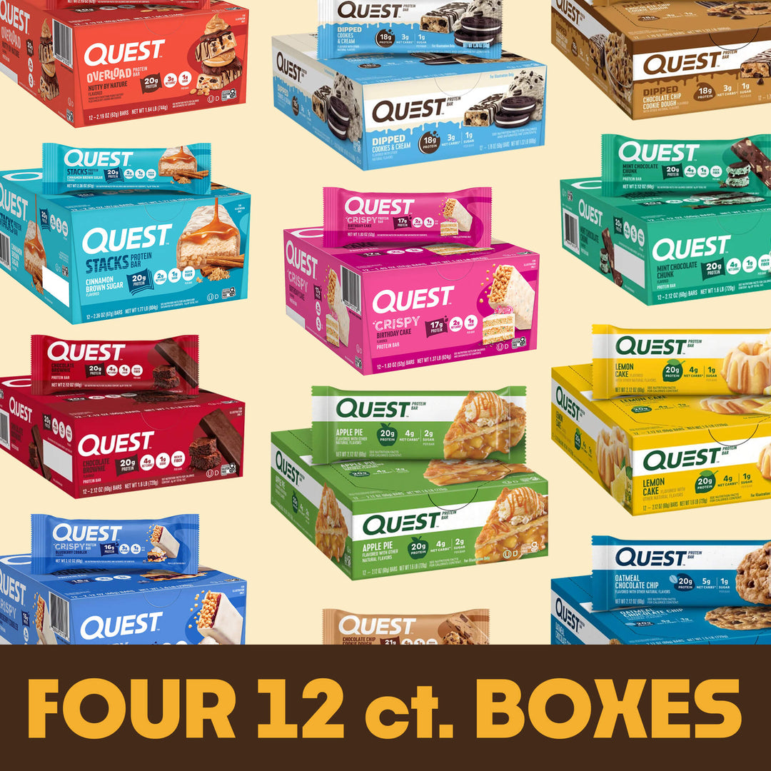Assorted Quest protein bar 12-count boxes in flavors including Chocolate Brownie, Cookies & Cream, Birthday Cake, Mint Chocolate Chunk, Apple Pie, Lemon Cake, and Cinnamon Brown Sugar, with Four 12 ct. Boxes promotion.