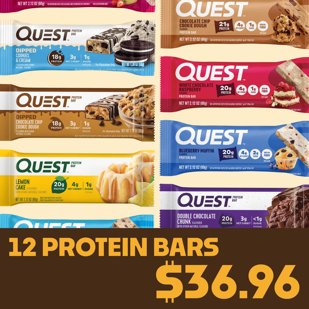 A colorful display of Quest protein bars in various flavors including Cookies & Cream, Lemon Cake, and Double Chocolate. Price: $36.96 for 12 bars.