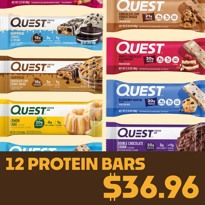 A colorful display of Quest protein bars in various flavors including Cookies & Cream, Lemon Cake, and Double Chocolate. Price: $36.96 for 12 bars.