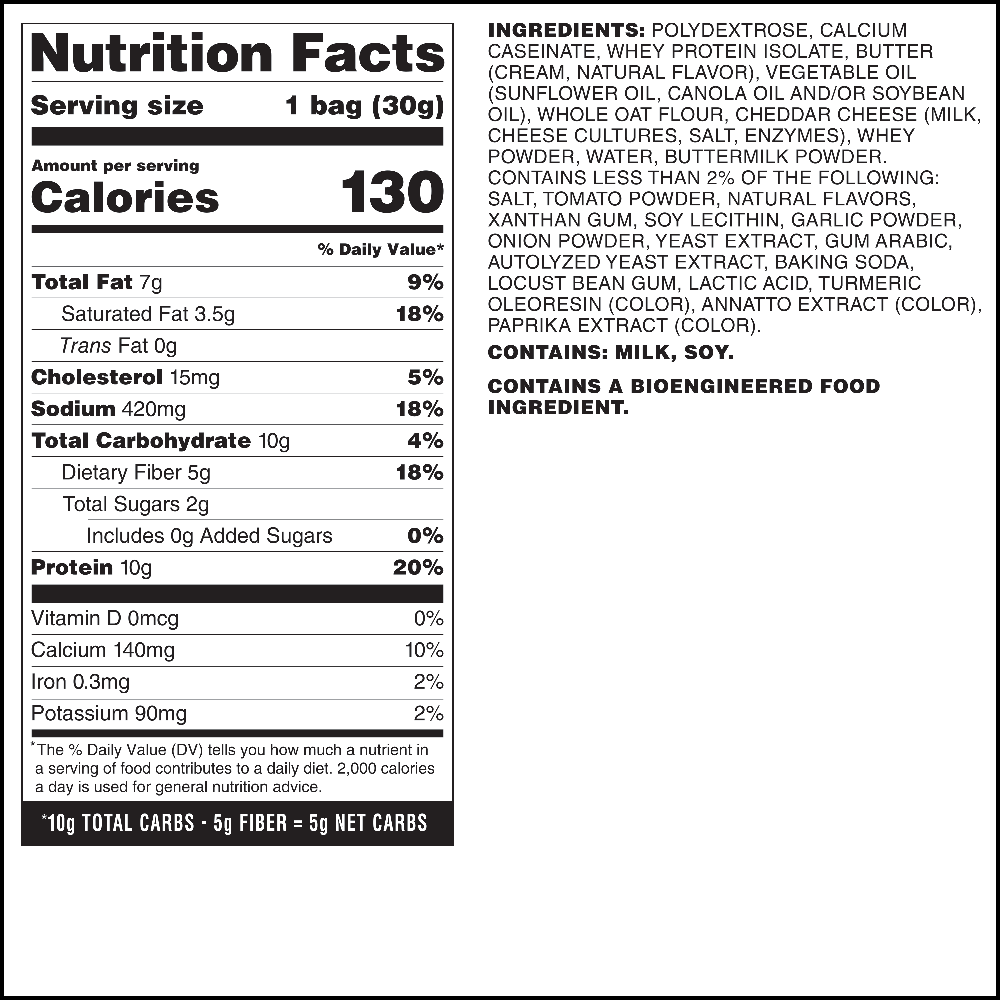 Nutrition facts label and ingredients list on a white background