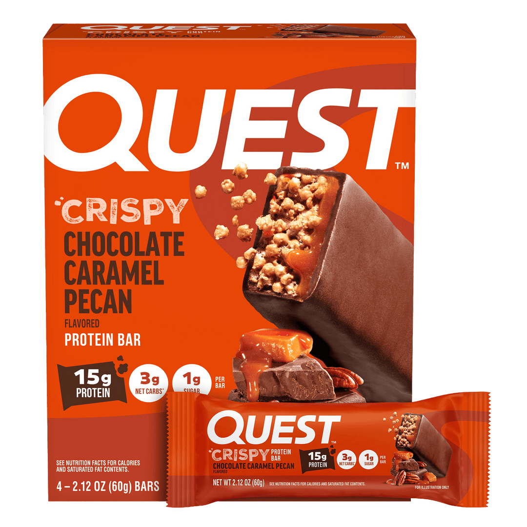 Quest Crispy Chocolate Caramel Pecan protein bar packaging 