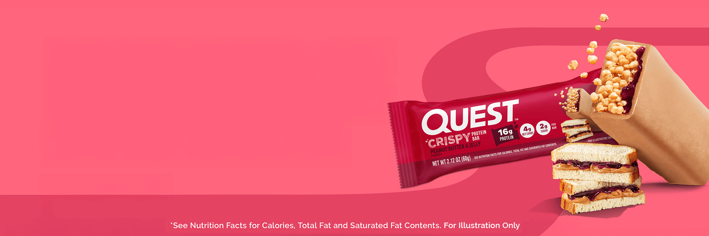 Quest Crispy peanut butter & jelly flavored bars with illustration of flavor profile of bar and peanut butter sandwich showing next to it in pink background