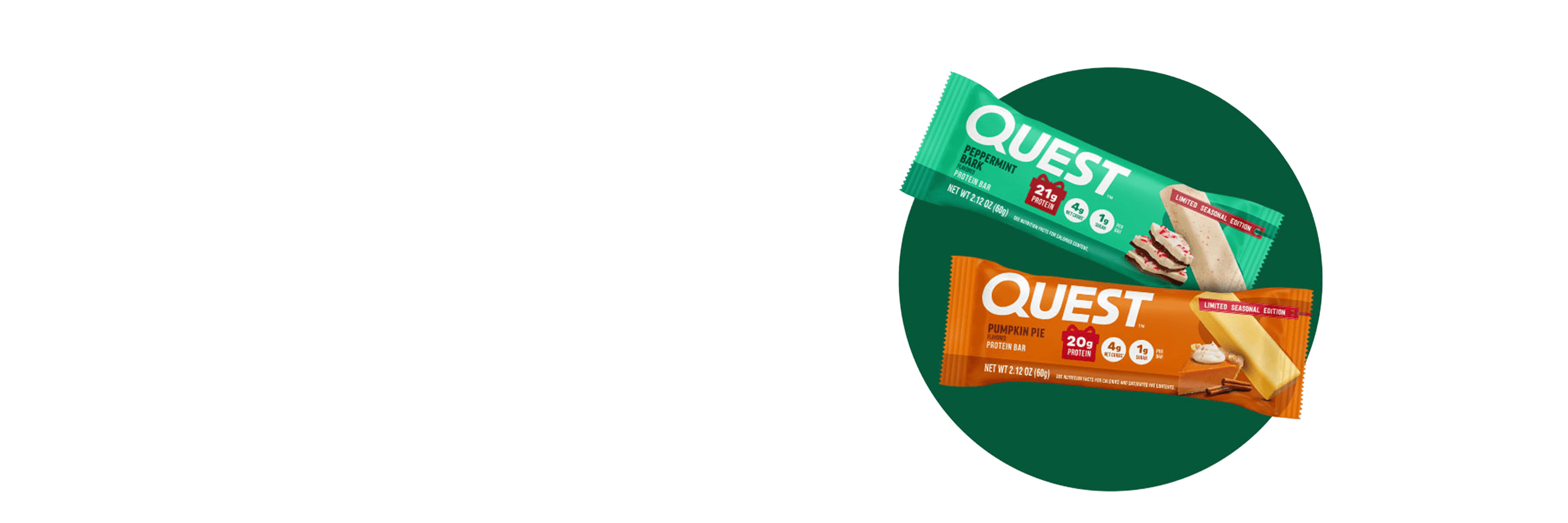 Various Quest Protein bars in green circle background