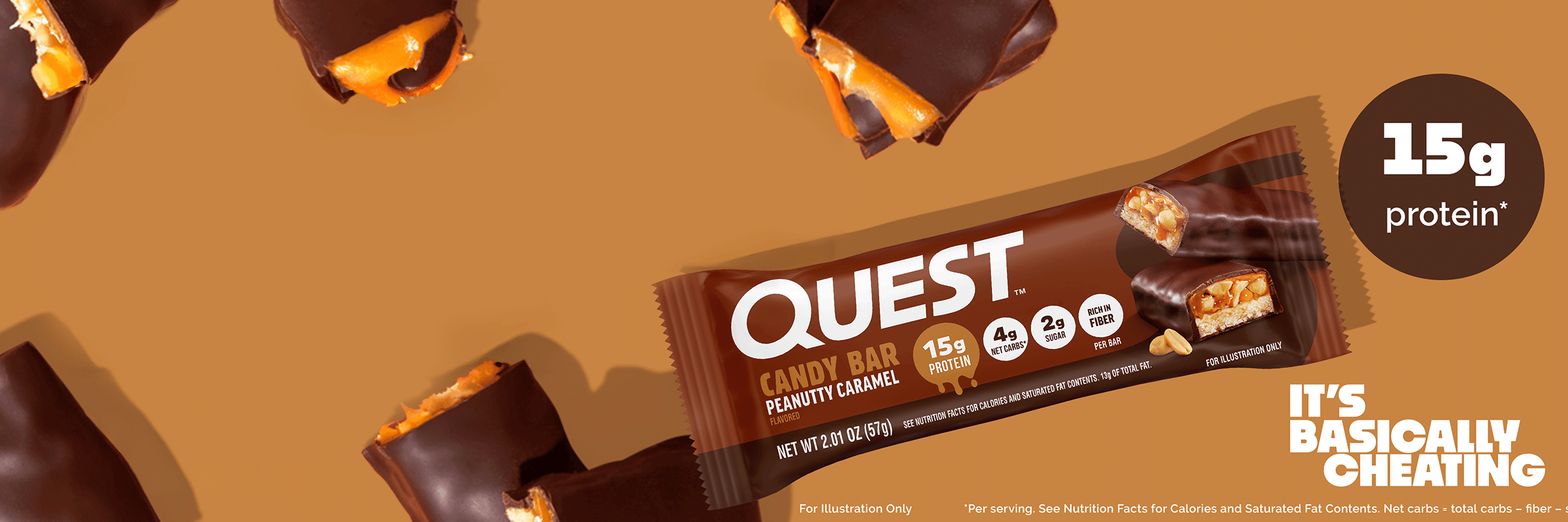 A Quest Peanut Caramel Candy Bar, partially unwrapped, rests on a brown background. Broken pieces reveal caramel and peanuts. Text reads "15g protein" and "It's basically cheating."
