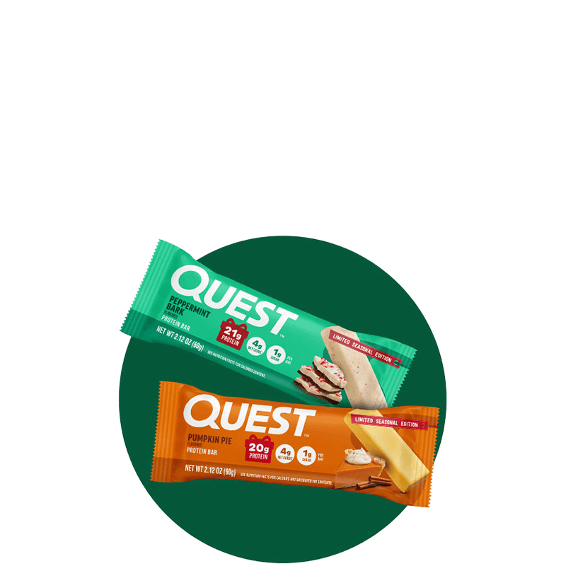 Various Quest Protein bars in green circle background