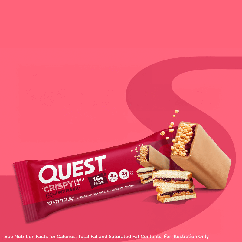 Quest Crispy peanut butter & jelly flavored bars with illustration of flavor profile of bar and peanut butter sandwich showing next to it in pink background