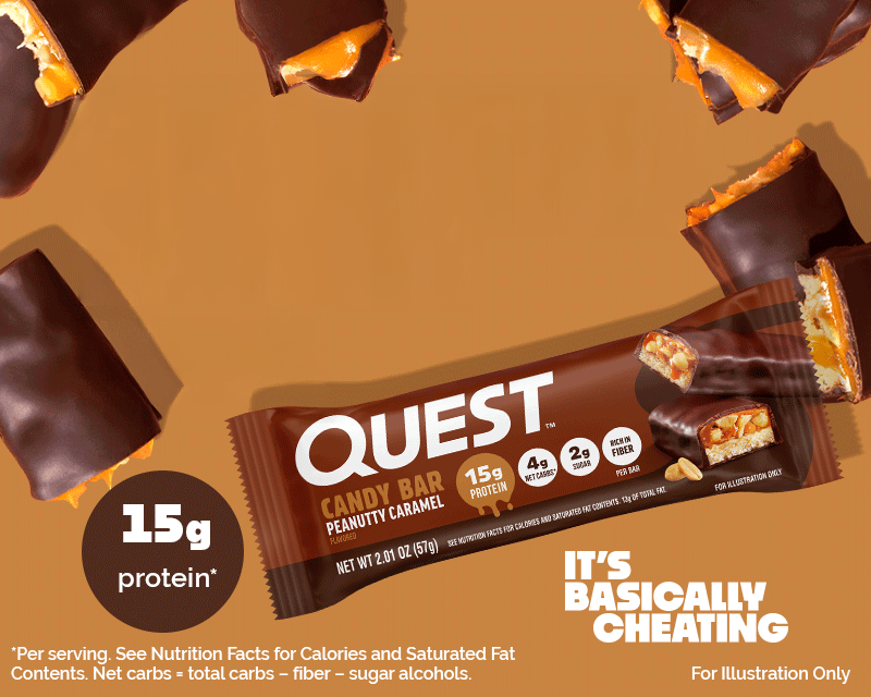 Chocolate peanut caramel candy bars are scattered on a caramel background. A wrapped Quest bar is in the foreground, highlighting "15g protein." Text reads "It's Basically Cheating."