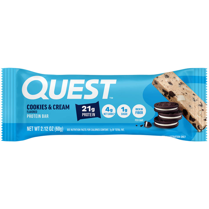 Blue packaging of a Quest Cookies & Cream protein bar. It highlights 21g protein. Images of cookies and a chocolate chip bar convey a tasty treat.