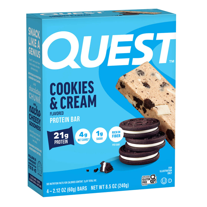 Quest Cookies & Cream Protein Bar box with cookie and cream imagery. Highlights include 21g protein, 4g net carbs, and 1g sugar per bar.