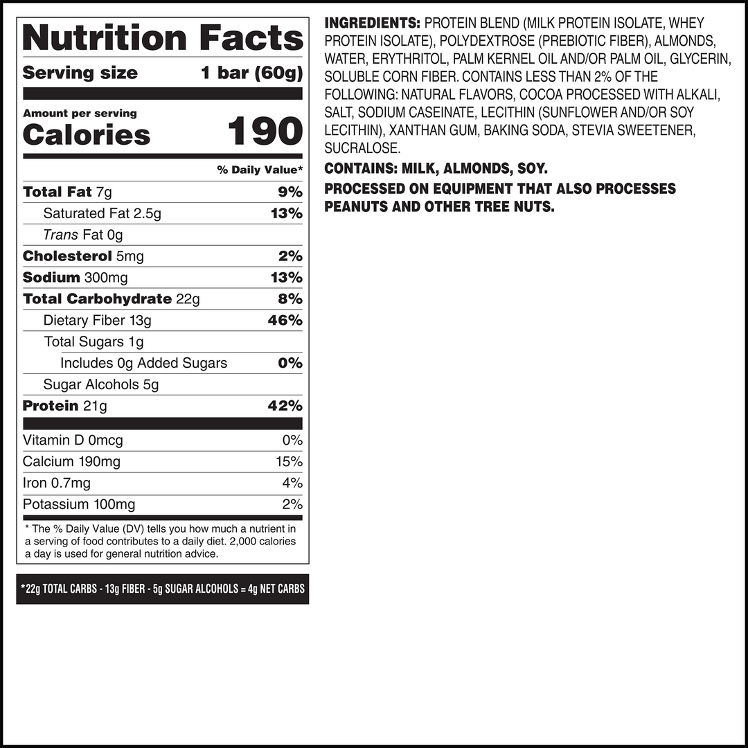 Nutrition facts label for a protein bar. It shows 190 calories, 21g protein, 7g fat, 22g carbs, 13g fiber, and 5g sugar alcohols. Ingredients include milk, almonds, and soy.