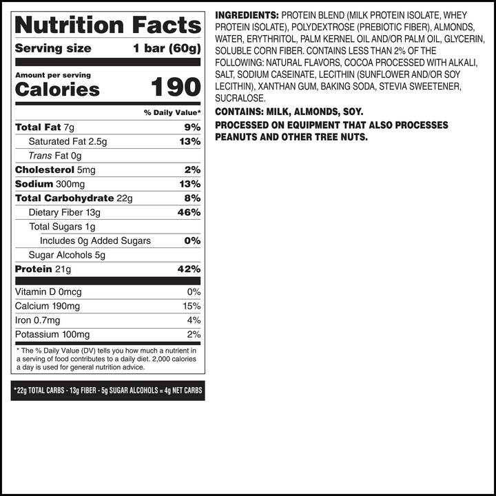 Nutrition facts label for a protein bar. It shows 190 calories, 21g protein, 7g fat, 22g carbs, 13g fiber, and 5g sugar alcohols. Ingredients include milk, almonds, and soy.