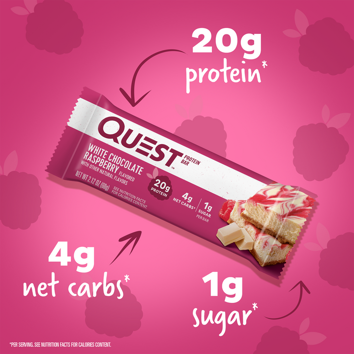 White Chocolate Raspberry Protein Bars; 20g protein*, 4g net carbs*, 1g sugar*