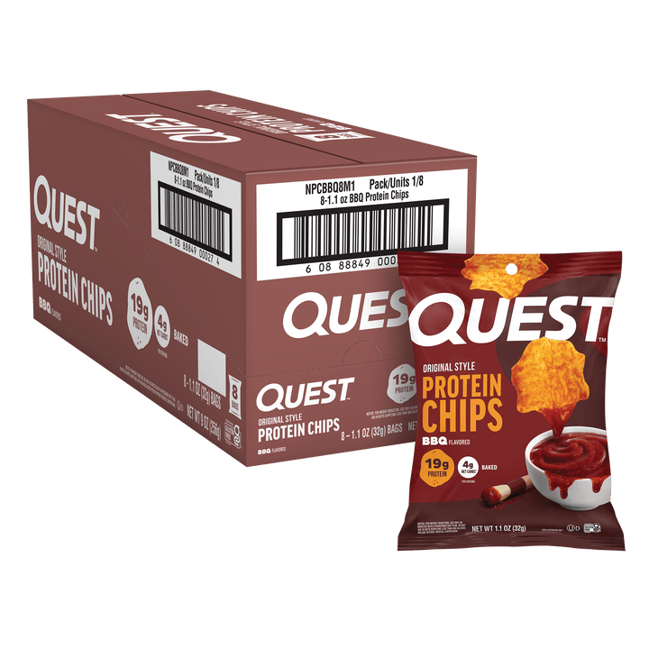 A box of Quest Original Style Protein Chips next to a single bag of BBQ flavored protein chips