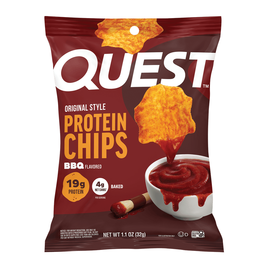A 1.1 oz bag of Quest Original Style Protein Chips, BBQ Flavored