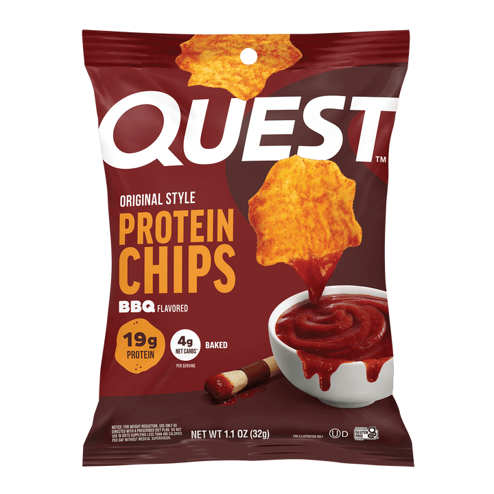 A 1.1 oz bag of Quest Original Style Protein Chips, BBQ Flavored