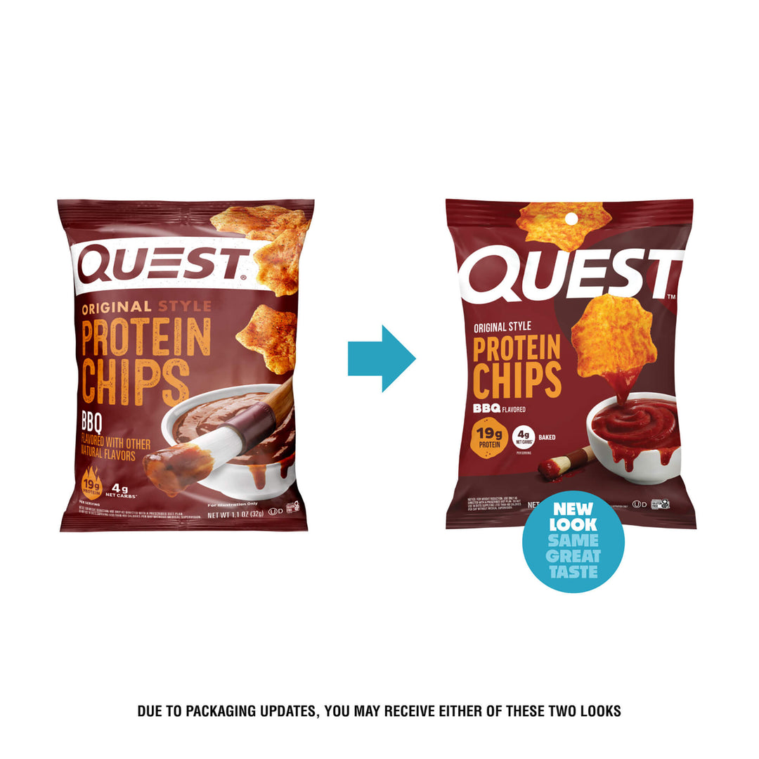 Two bags of Quest Original Style Protein Chips 880 are shown side by side on a white background, with a blue arrow pointing from the older left bag to the newer right bag. The right bag has a blue circular badge that says 'NEW LOOK SAME GREAT TASTE.