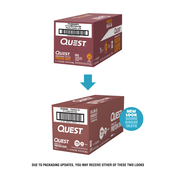 Two Quest protein powder boxes shown on a white background with a blue arrow between them, indicating a packaging update. One box is labeled 'Original Lift' and the other 'FOLLOW THE LEAD PROTEIN CIPS'.