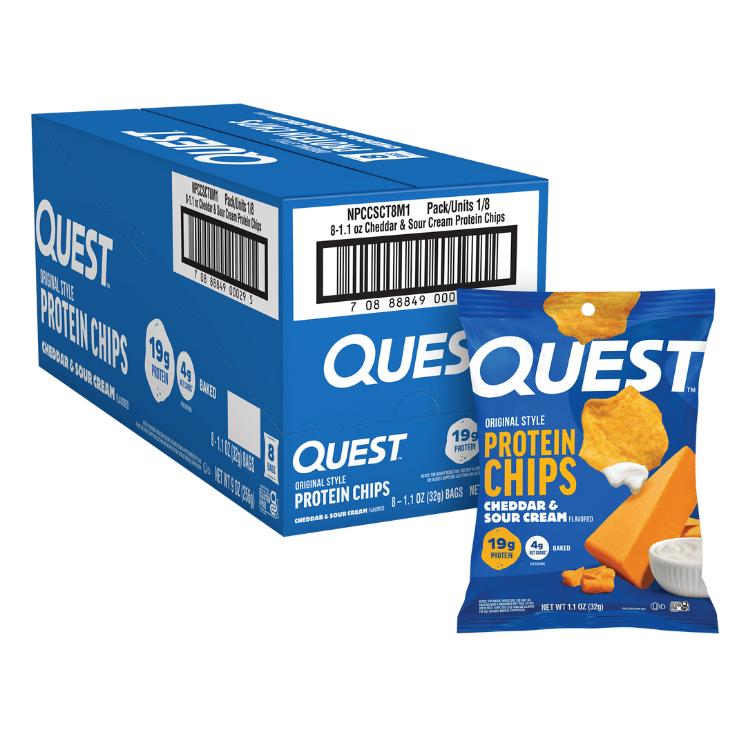A blue box of Quest Original Style Protein Chips next to a single blue bag of cheddar and sour cream protein chips on a plain white background.