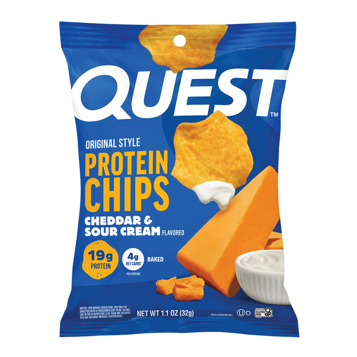 A 11 oz bag of Quest Original Style Protein Chips in Cheddar & Sour Cream flavor, featuring a blue bag with yellow and white text and illustrations of tortilla chips and cheese.