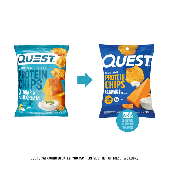 Two bags of Quest Protein Chips shown side by side on a white background, with a blue arrow between them and a circular badge reading 'New Look Same Great Taste.' The left bag is teal and labeled cheddar & sour cream, and the right bag is dark blue and labeled cheddar & sour cream.