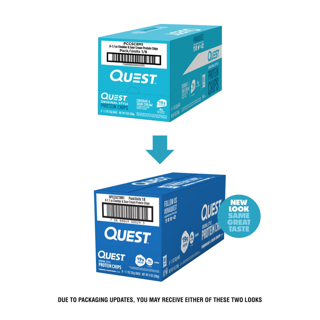 Two Quest Protein Chips boxes shown on a white background, one in a lighter blue packaging style and one in a darker blue packaging style, with a teal arrow between them and explanatory text below. A teal circular badge says 'NEW LOOK SAME GREAT TASTE.