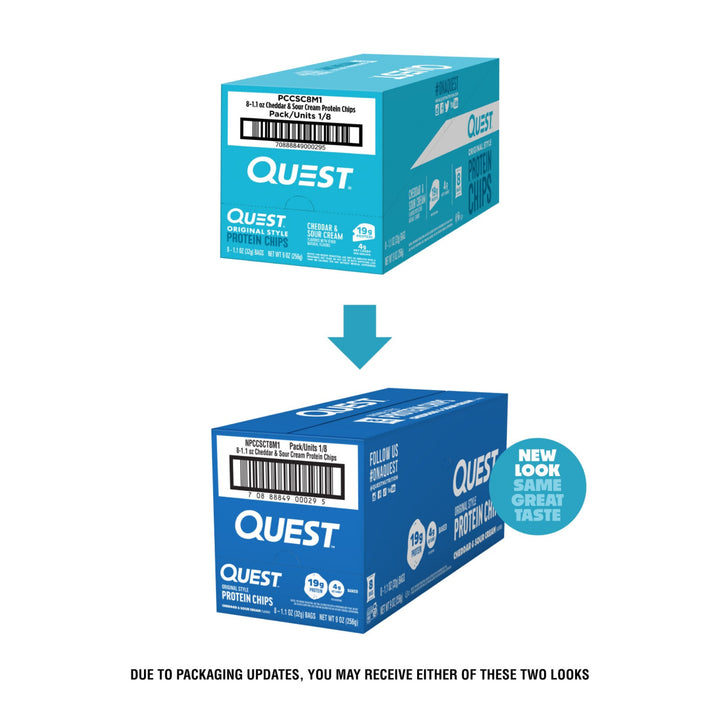 Two Quest Protein Chips boxes shown on a white background, one in a lighter blue packaging style and one in a darker blue packaging style, with a teal arrow between them and explanatory text below. A teal circular badge says 'NEW LOOK SAME GREAT TASTE.