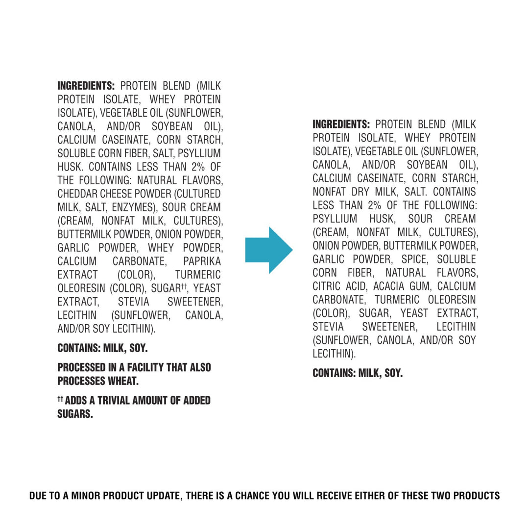 A close-up of a white ingredient panel with black text listing components such as protein blend, whey protein isolate, vegetable oil, corn starch, and flavors like vanilla extract. A small blue highlight appears over one ingredient line.