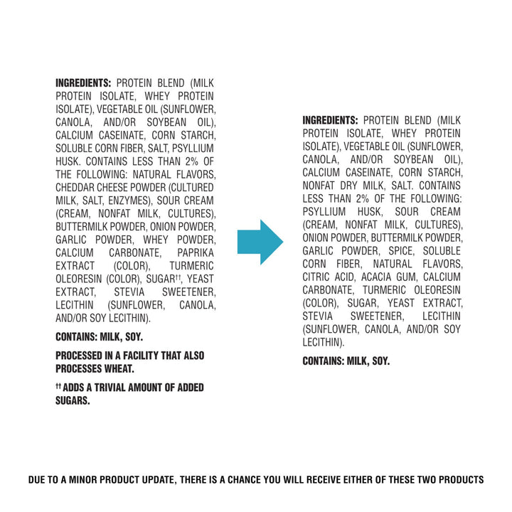 A close-up of a white ingredient panel with black text listing components such as protein blend, whey protein isolate, vegetable oil, corn starch, and flavors like vanilla extract. A small blue highlight appears over one ingredient line.