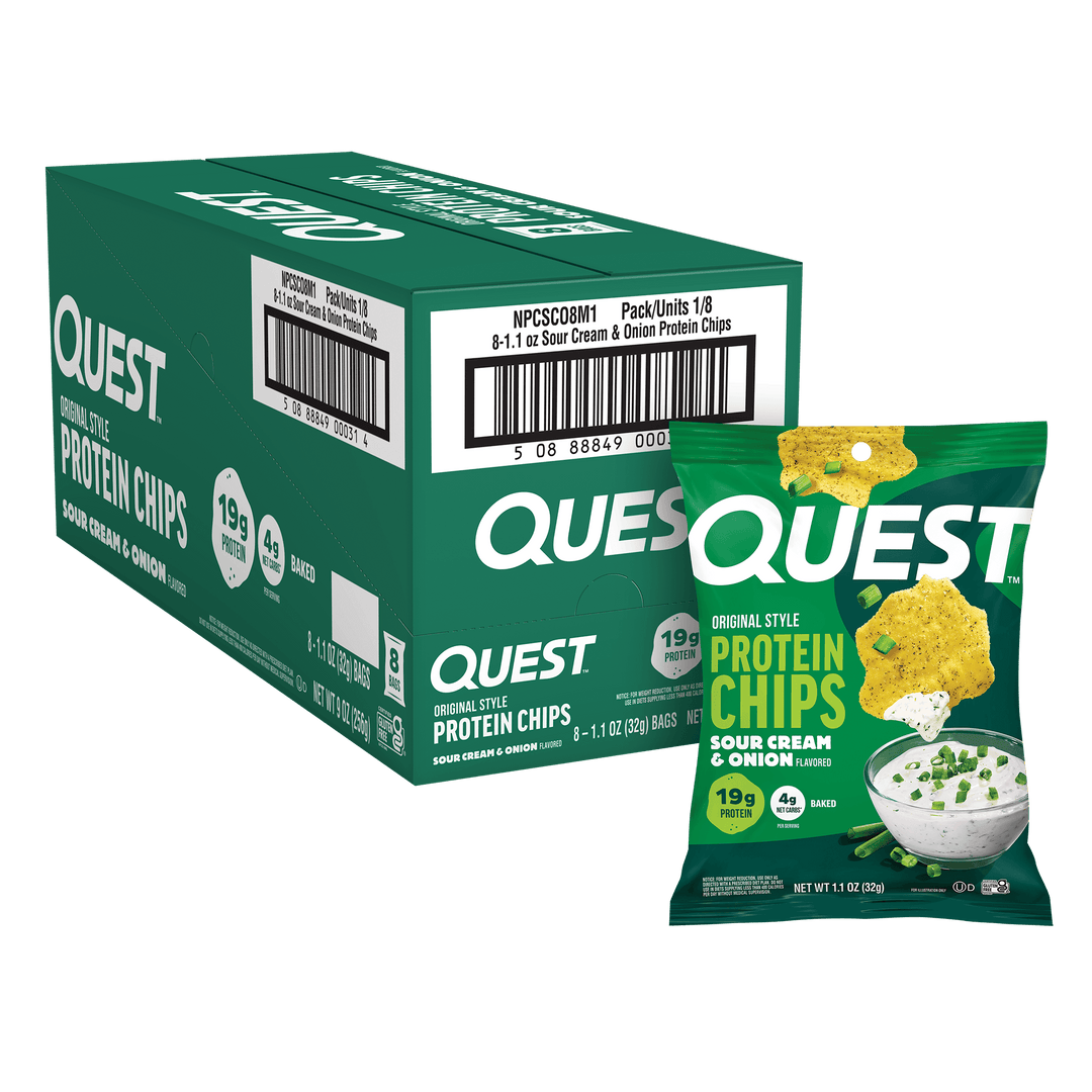 A green Quest Original Style Protein Chips box next to a single 1.1 oz bag of Sour Cream & Onion flavored chips on a plain white background.