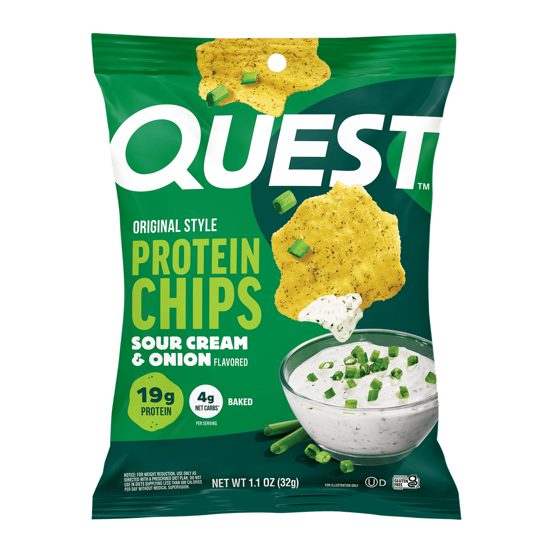 A 1.1 oz bag of Quest Original Style Protein Chips in Sour Cream & Onion flavor, shown on a plain white background.