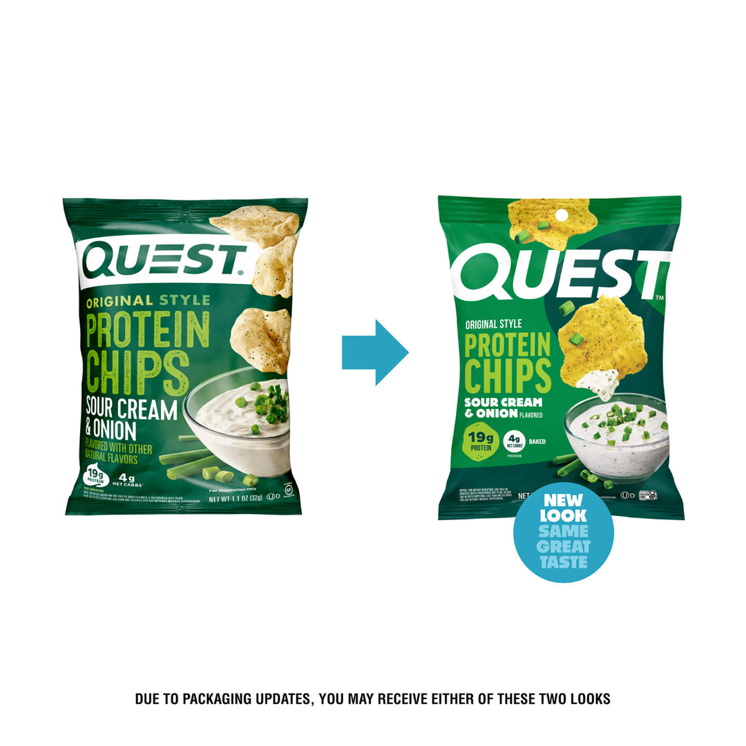 Two bags of Quest Original Style Protein Chips Sour Cream & Onion are shown side by side on a white background, with a blue arrow pointing from the older left bag to the newer right bag. The right bag has a blue circular badge that says 'NEW LOOK SAME GREAT TASTE.