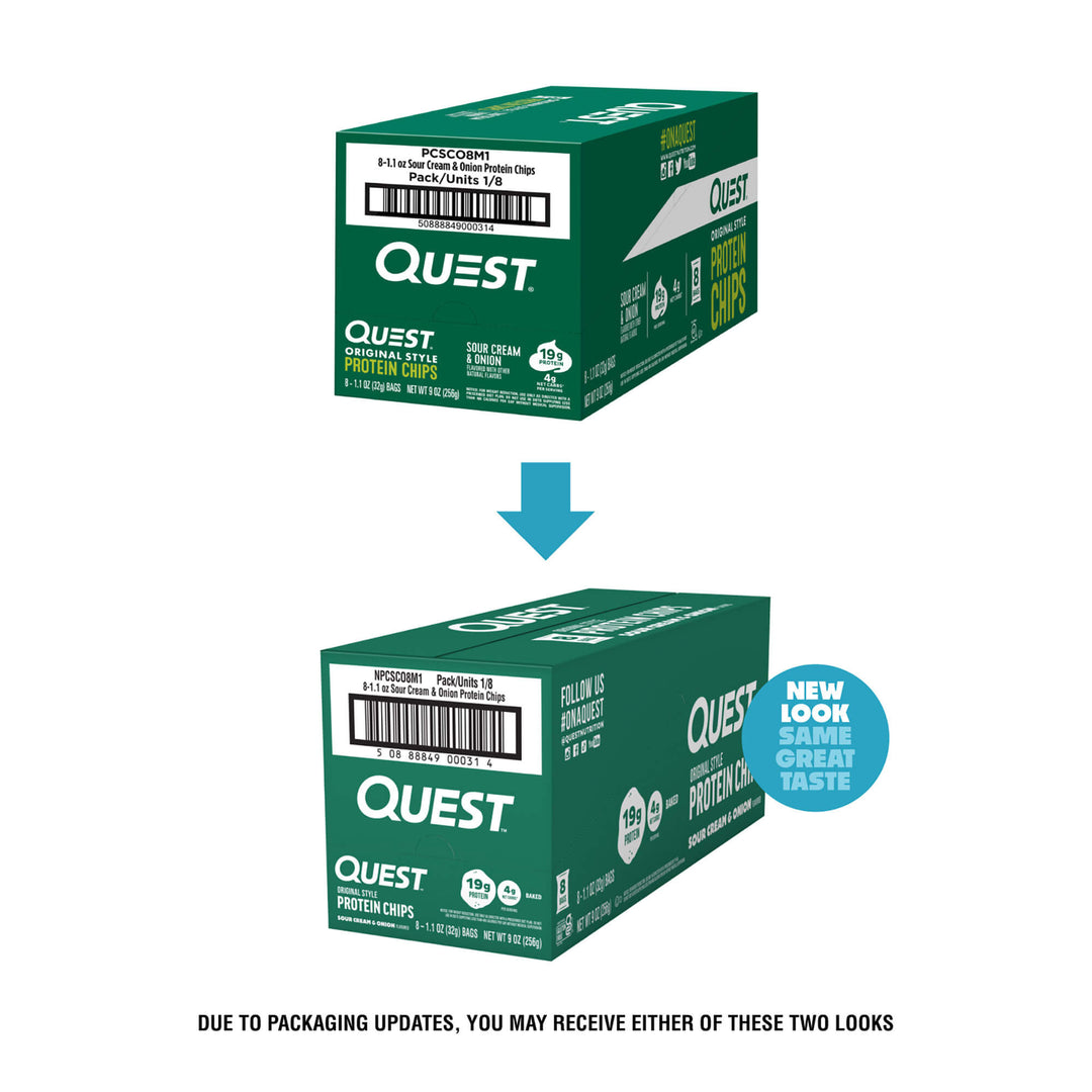 Two green Quest protein powder boxes shown on a white background, with a blue arrow between them indicating packaging updates. One box shows the Original Flavor Protein Mix and the other shows Protein Chips.