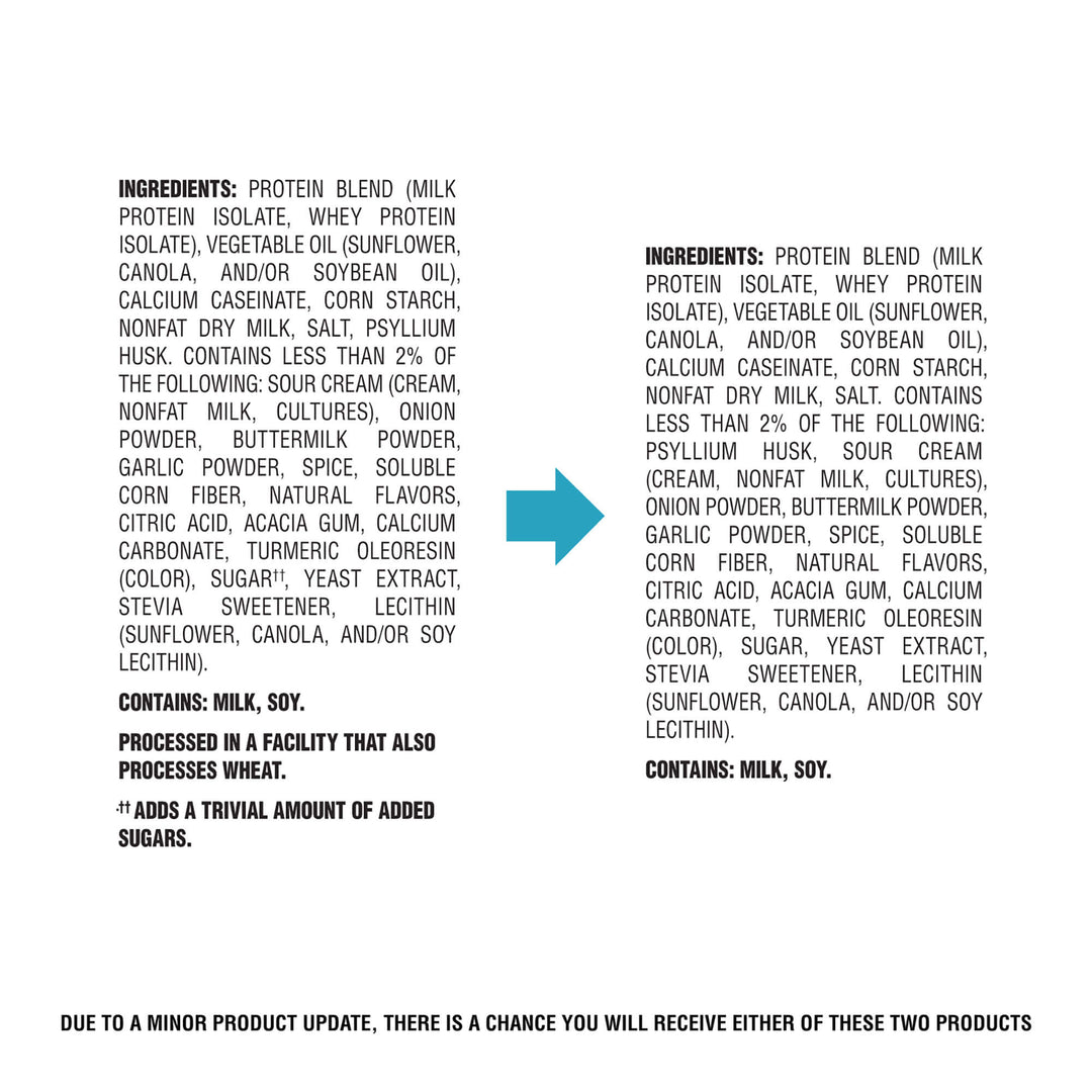 A white square label or packaging insert with black text listing ingredients and notes for a protein blend product. The text mentions milk protein isolate, whey protein isolate, vegetable oil, corn starch, and flavors such as vanilla, citrus, and berry.