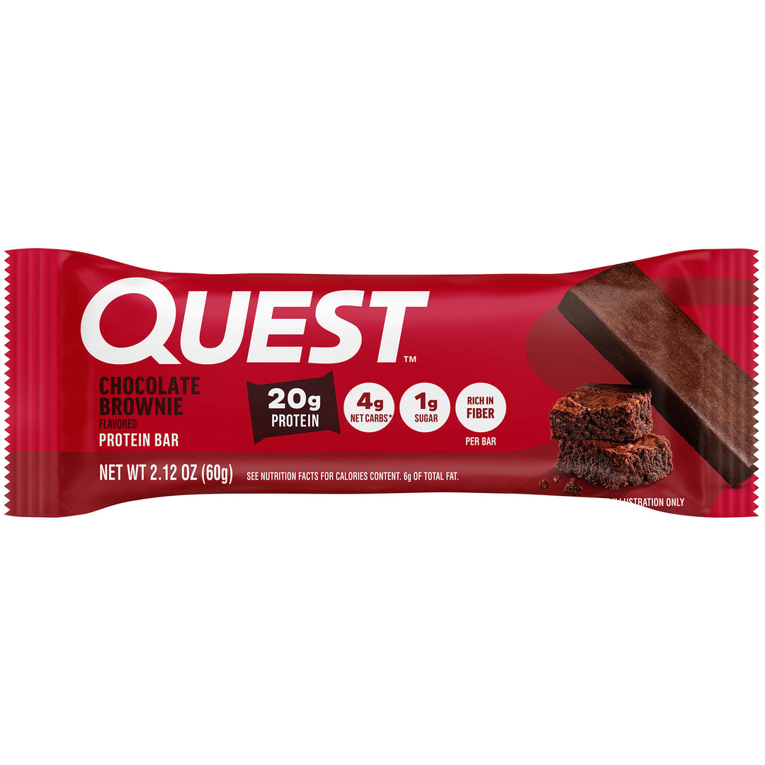 Red Quest protein bar wrapper, chocolate brownie flavor. Highlights include 20g protein, 4g net carbs, 1g sugar, and fiber richness.
