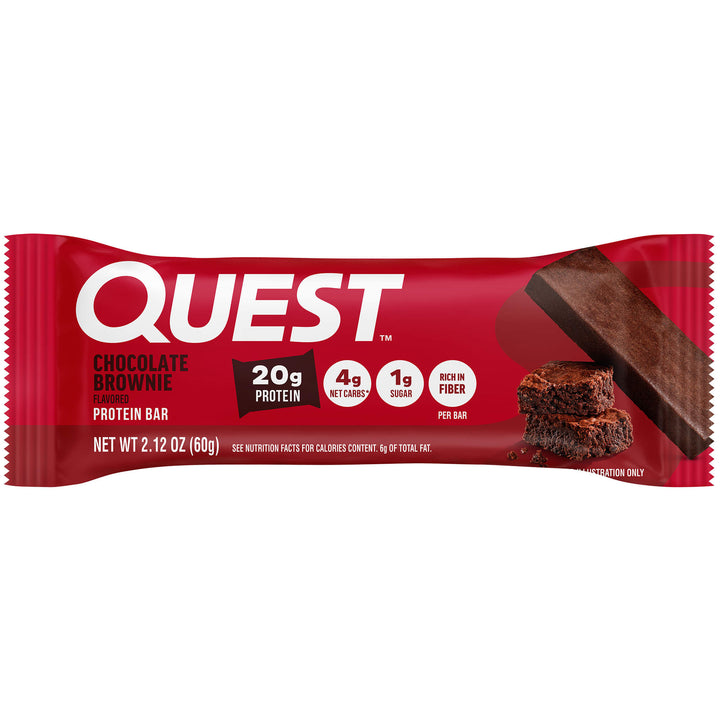 Red Quest protein bar wrapper, chocolate brownie flavor. Highlights include 20g protein, 4g net carbs, 1g sugar, and fiber richness.