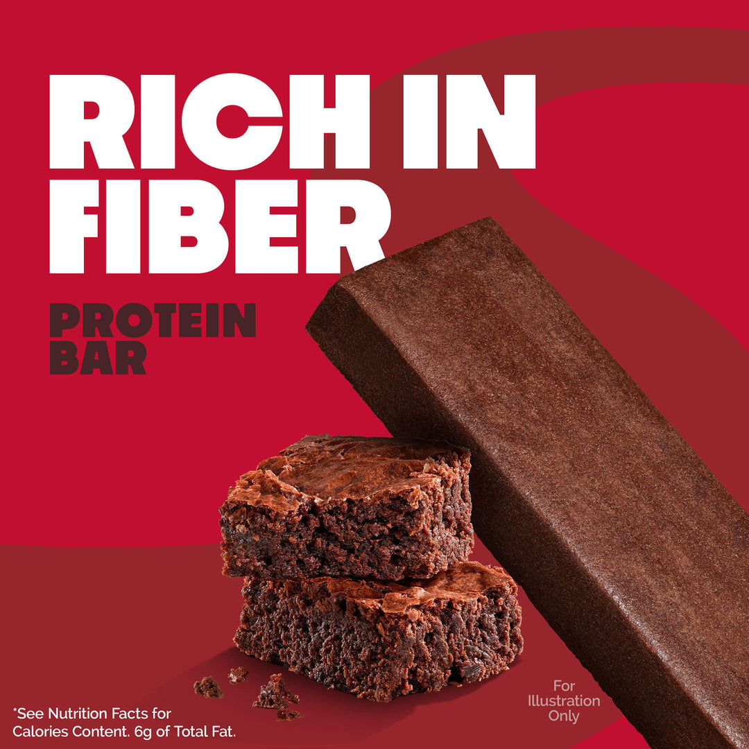 Rich red background with "Rich in Fiber" text. Image of a chocolate protein bar next to stacked brownies. Promotes indulgence and nutrition.