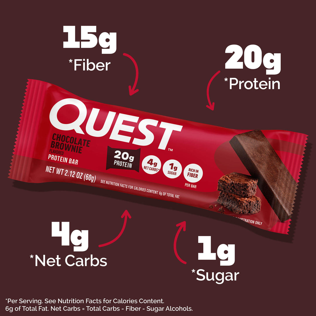 Red packaging of a Quest Chocolate Brownie Protein Bar with nutrition highlights: 20g protein, 15g fiber, 4g net carbs, and 1g sugar. Background is brown.