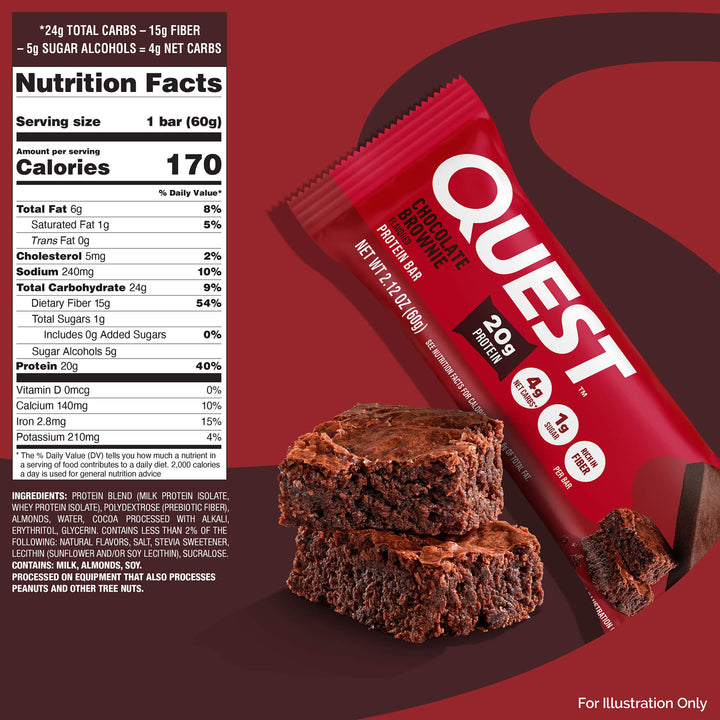 Quest protein bar with nutrition facts on a red background