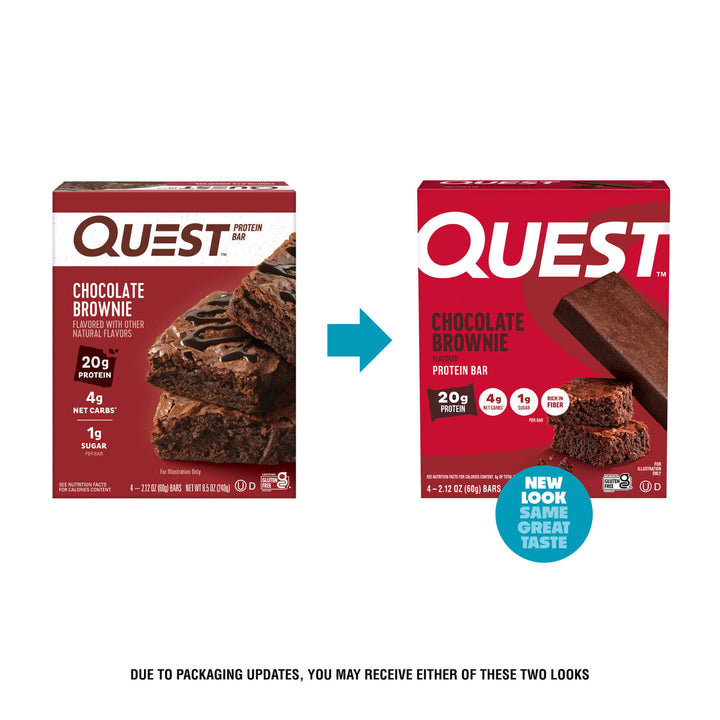 Two versions of a Quest Protein Bar packaging for chocolate brownie flavor on a white background.