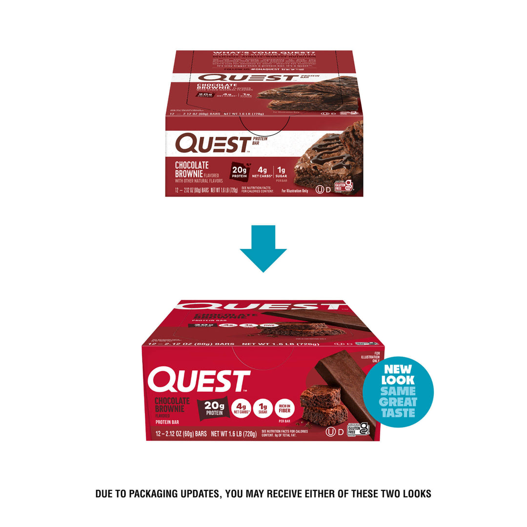 Two boxes of Quest Nutrition chocolate brownie protein bars on a white background